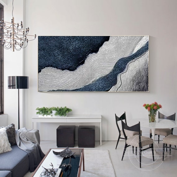 Oversized Horizontal Wall Art with 3D Plaster Texture for Coastal Decor