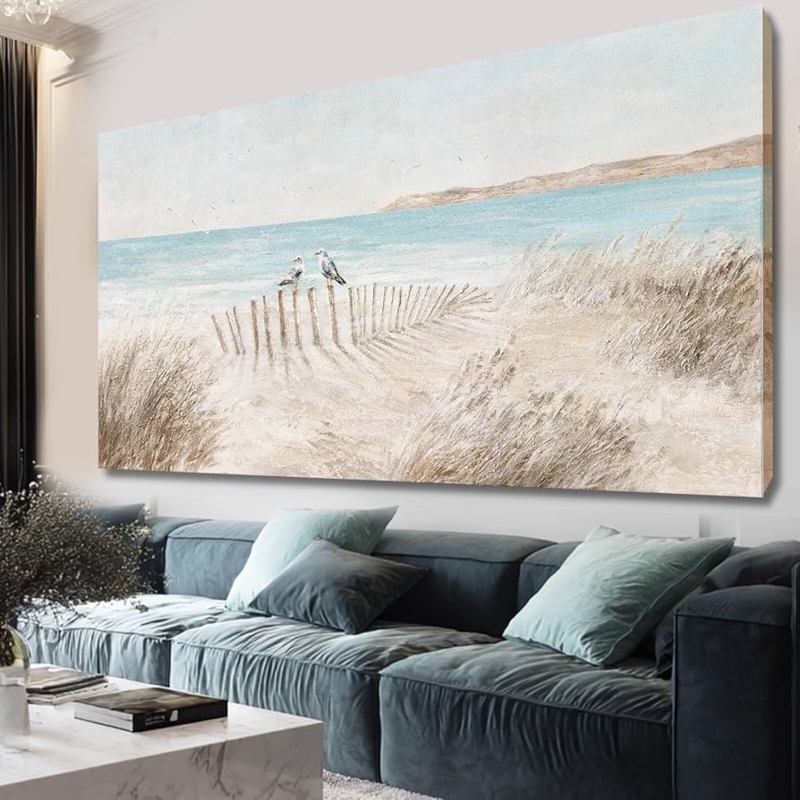 Oversized Landscape Wall Art Seagull Motif Impasto Texture Coastal