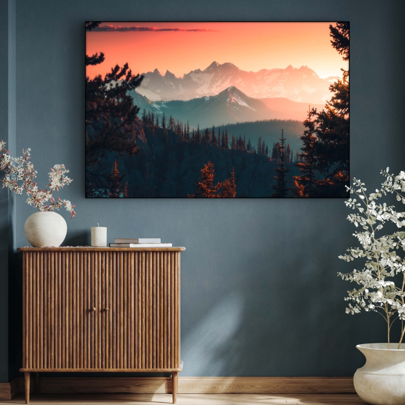 Oversized Mountain Sunset Wall Art Print, Moody Teal Living Room Decor