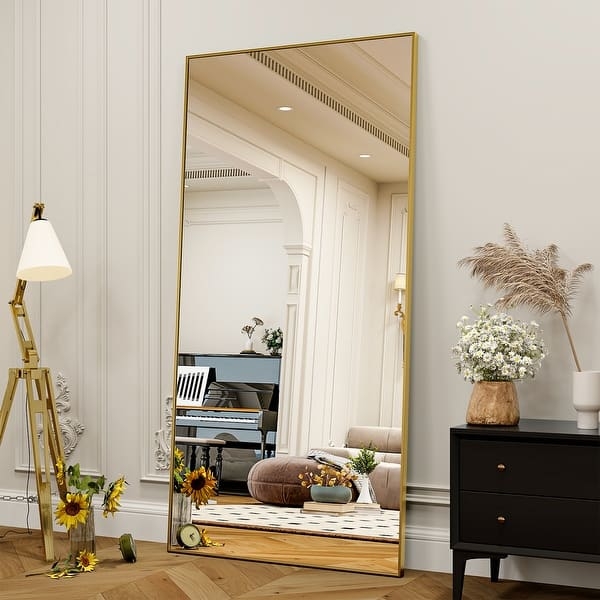 Oversized Rectangle Mirror Wall Decor Slim Gold Frame Glam Living Room