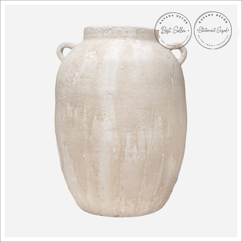 Oversized Rustic Urn Vase with Textured Dripped Glaze and Loop Handles