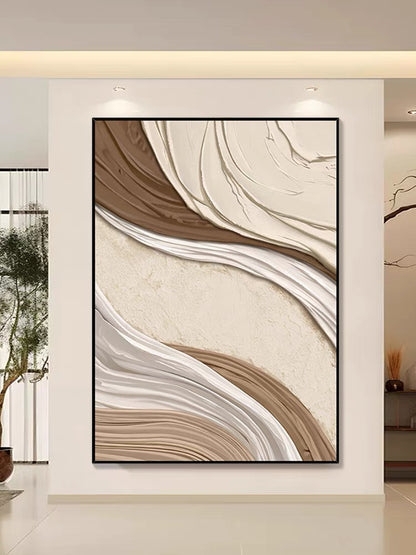 Oversized Textured Abstract Wall Art: Brown Impasto Wave with Slim Frame