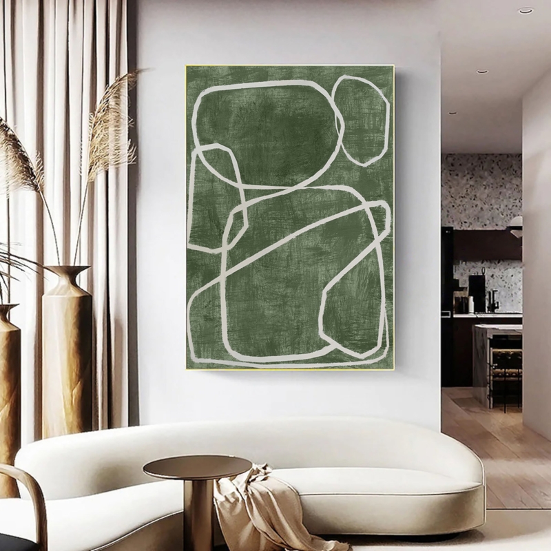Oversized Vertical Wall Art Canvas, Organic Linear Pattern in Olive.