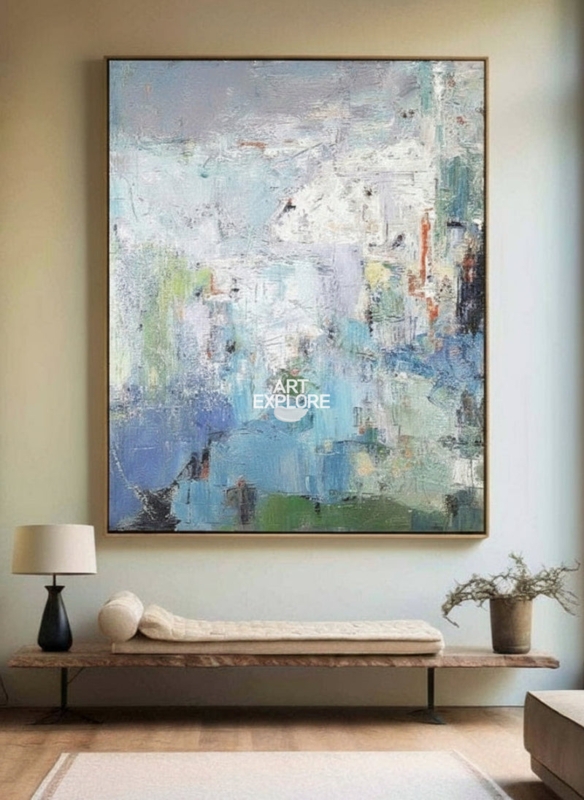 Oversized Vertical Wall Art with Heavy Impasto Texture in Blue Green