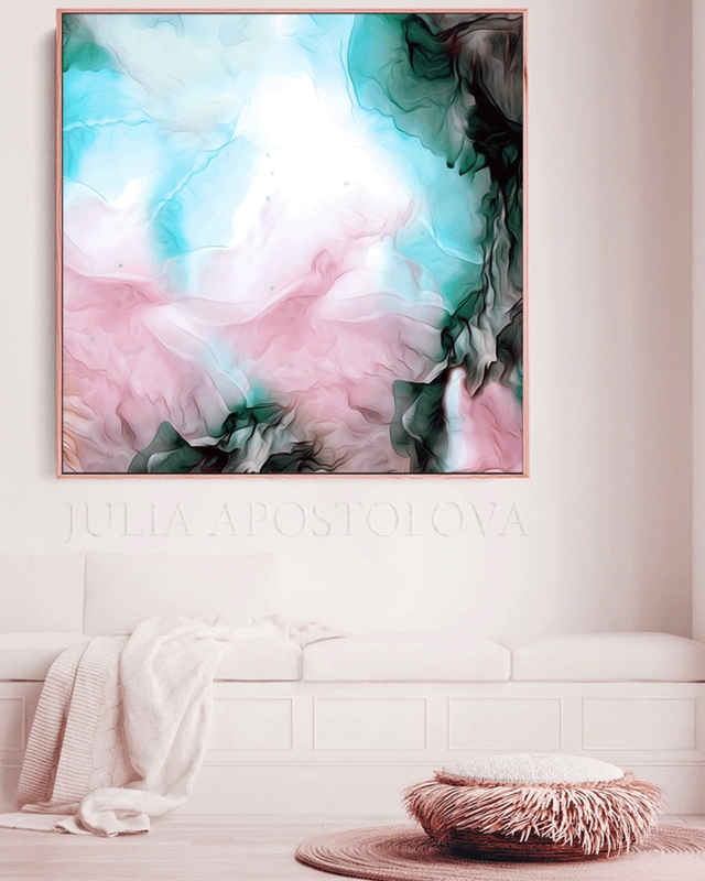 Oversized Wall Art: Square Abstract, Alcohol Ink Texture, Blush & Teal.