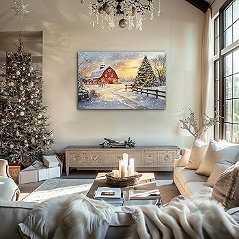 Oversized Wall Art: Winter Barn Scene Canvas for Farmhouse Christmas Styling