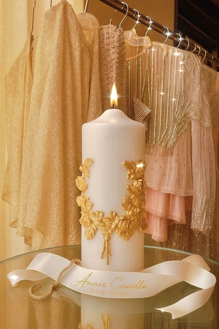 Oversized White Pillar Candle with Gold Wheat Relief Detail