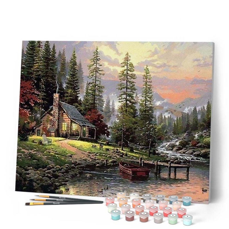 Paint By Numbers Kit: DIY Rustic Mountain River Lodge Landscape