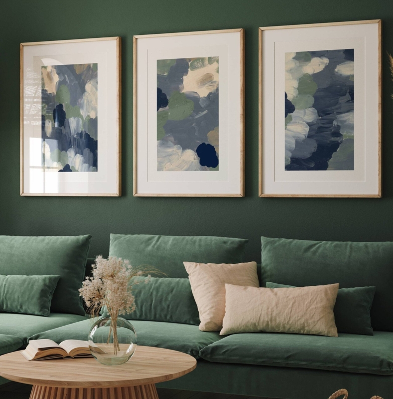 Painterly Abstract Wall Art Set for Moody Green Living Room Decor