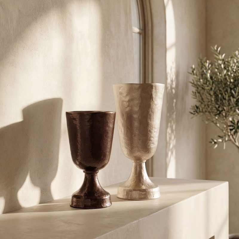 Pair of Bronze Urns Hammered Metal Chalice Silhouette Pedestal