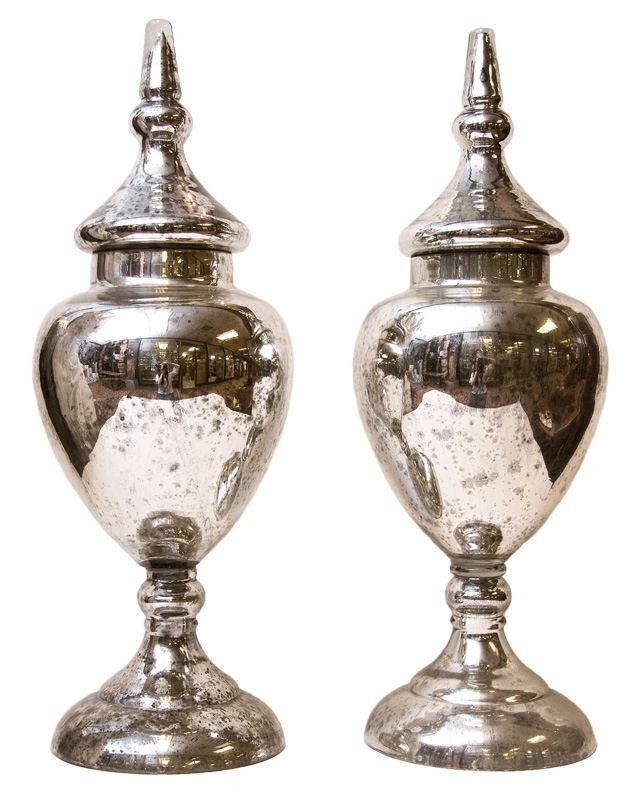 Pair of Decorative Urns Tall Pedestal Mercury Finish Finials