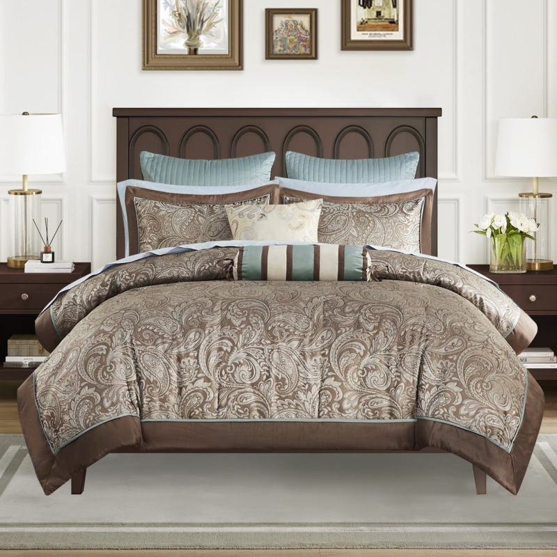 Paisley Jacquard Comforter Set Blue Brown Glossy Traditional Decor