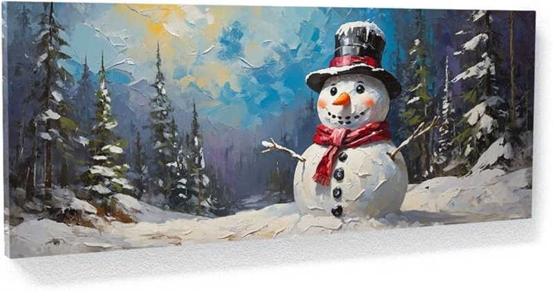 Panoramic Canvas Art: Impressionist Snowman Painting with Thick Texture