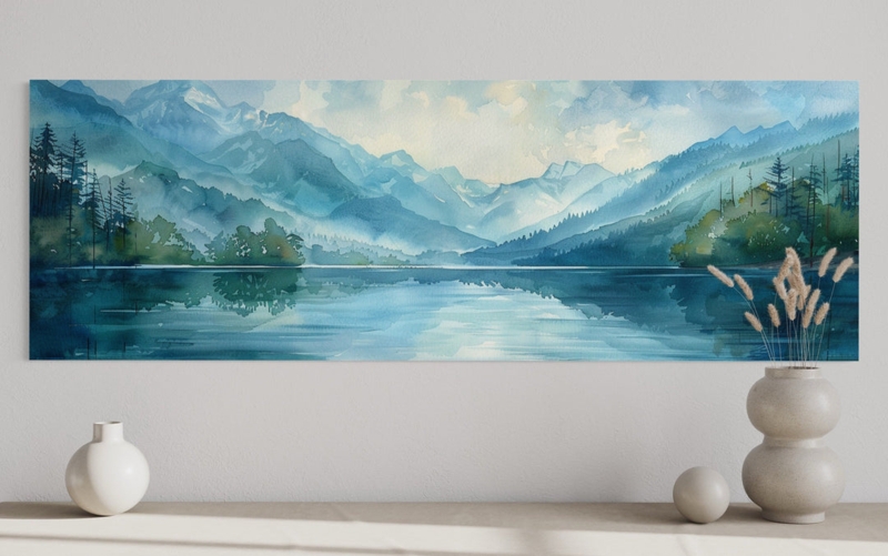 Panoramic Lake Landscape Wall Art, Blue Watercolor Mountain Print, Coastal