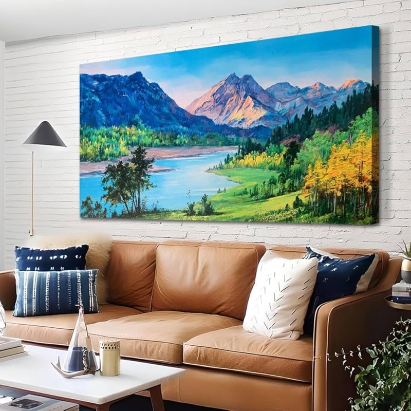 Panoramic Mountain Scene Canvas Wall Art, Contemporary Rustic Decor
