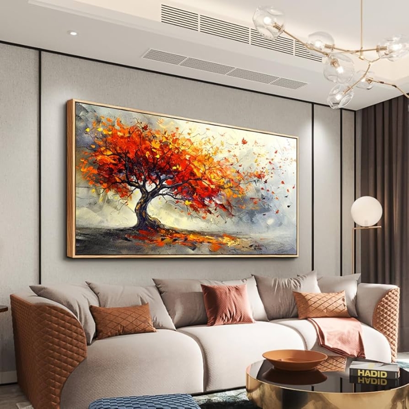 Panoramic Wall Art: Abstract Tree with Vibrant Orange Foliage.