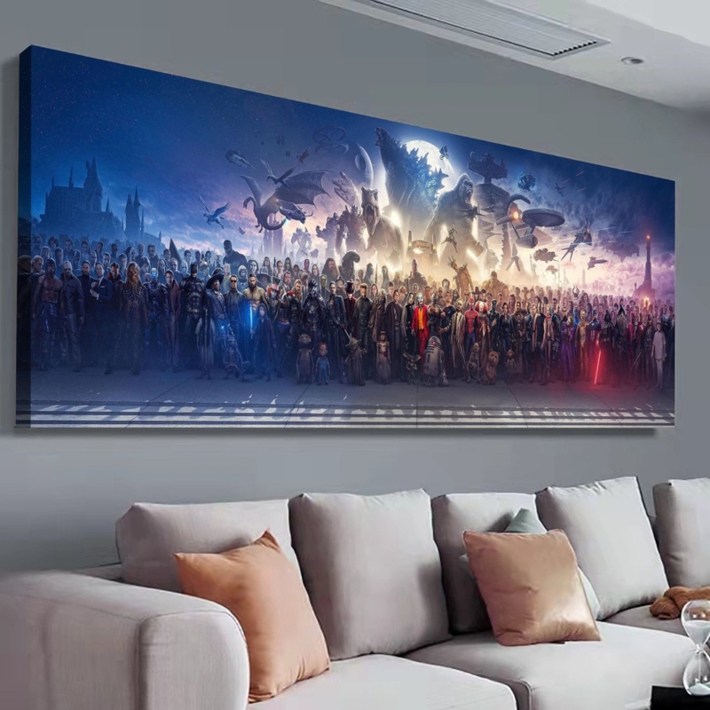 Panoramic Wall Art: Cinematic Blockbuster Movie Character Collage.