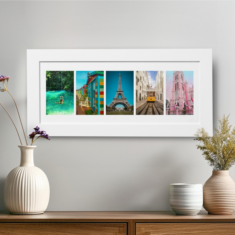 Panoramic Wall Art: Five-Image Travel Photo Collage with White Matting.