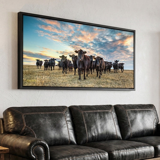 Panoramic Wall Art: Large Western Cattle Photography with Sunset Hues.
