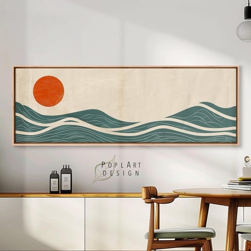 Panoramic Wall Art: Minimalist Sea and Sun Motif in Teal and Orange.