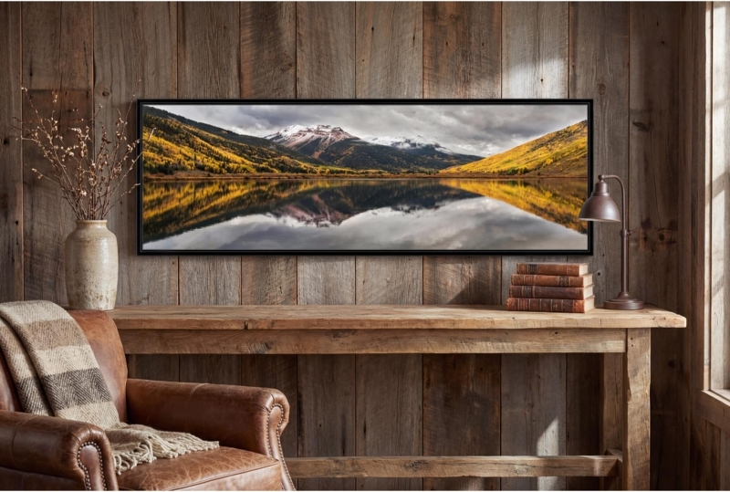 Panoramic Wall Art Rustic Lodge Mountain Landscape Print Framed Earthy