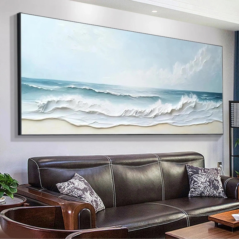 Panoramic Wall Art: Textured Wave Oil Painting with Impasto Finish.