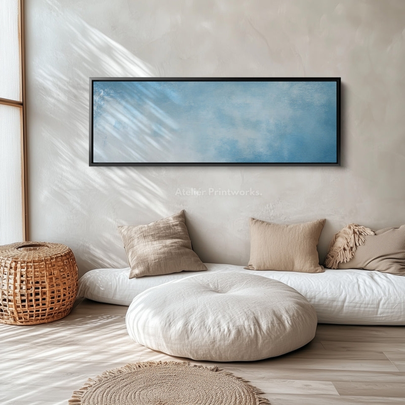 Panoramic Wall Art: Wabi-Sabi Style Abstract with Serene Blue Tones.