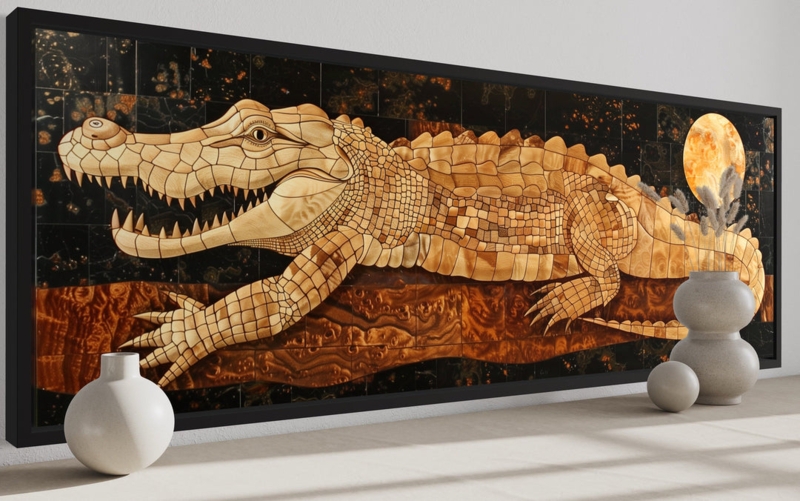 Panoramic Wall Art: Wood-Toned Mosaic Crocodile Motif on Dark Backdrop.