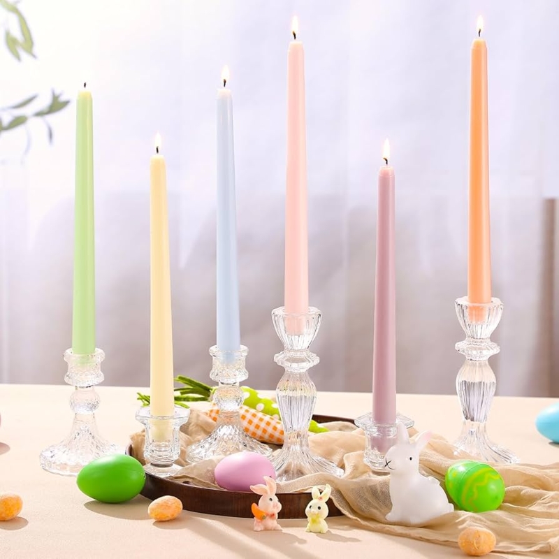 Pastel Taper Candles in Clear Glass Pedestal Holders for Easter
