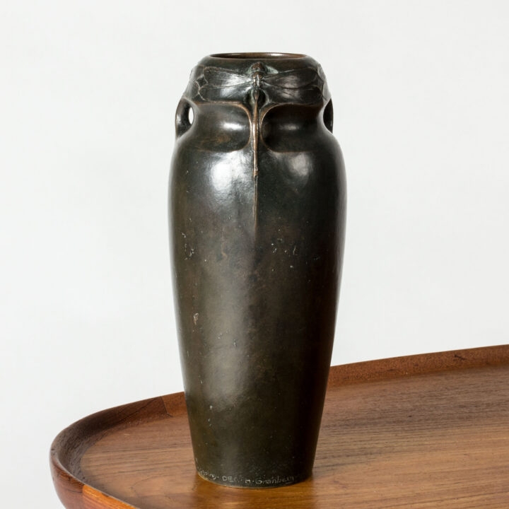 Patinated Vase, Dragonfly Relief, Sculptural Handles, Vintage Style.