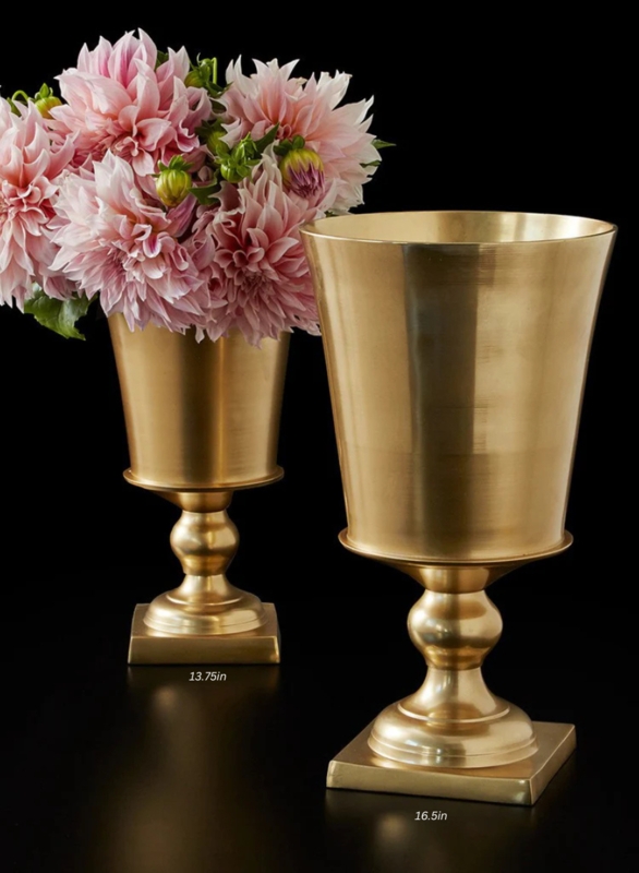 Pedestal Urn Brushed Gold Satin Finish Chalice Floral Vase Decor Pair