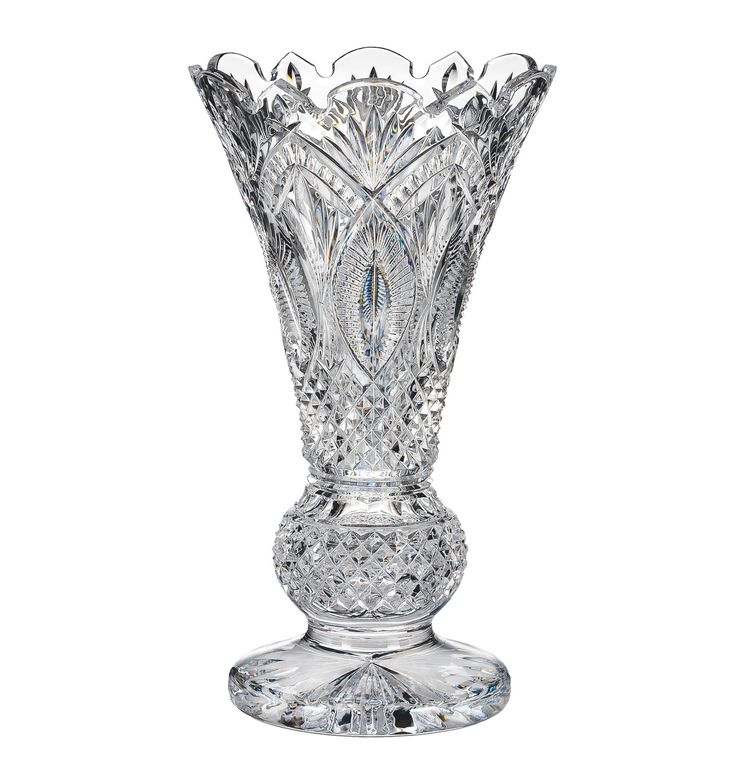 Pedestal Vase: Deep Diamond Cut, Scalloped Rim, Crystal Like, Classic.
