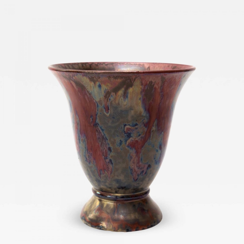 Pedestal Vase: Fluted Oxblood Lustre Glaze, Swedish art deco pottery.