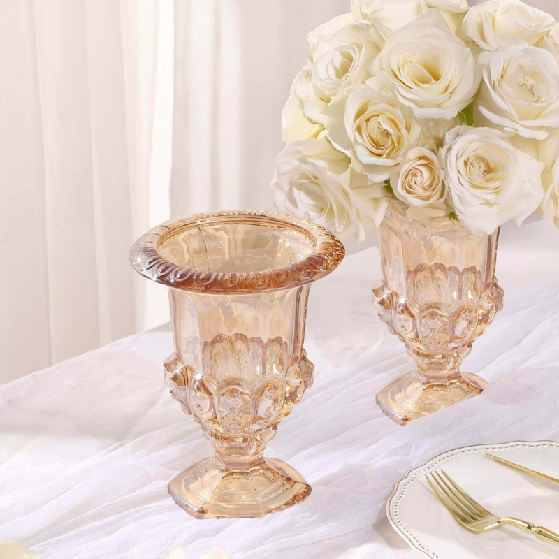 Pedestal Vase Pair, Amber Glass with Scalloped Rim and Urn Silhouette