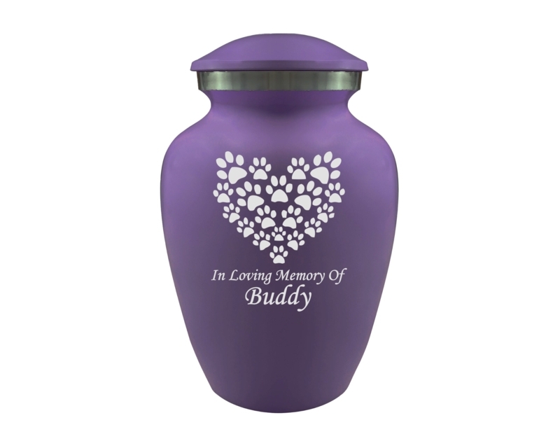 Pet Urn, Matte Purple Finish, Heart Shaped Paw Prints Memorial