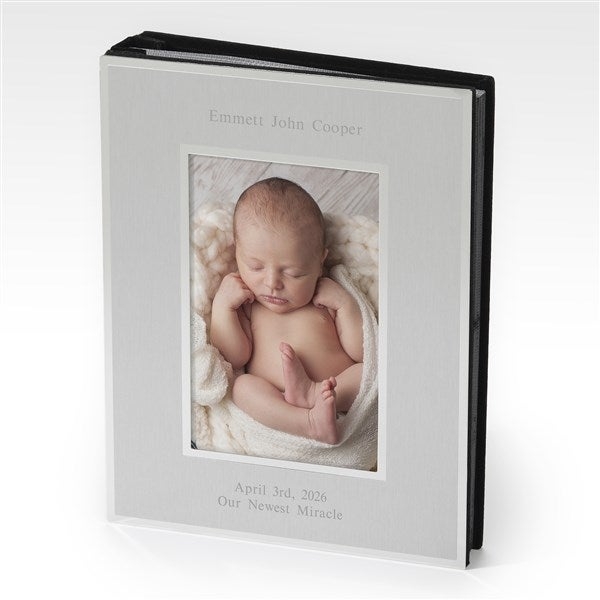 Photo Album Engraved Text Brushed Silver Velvet Spine Personalized Baby