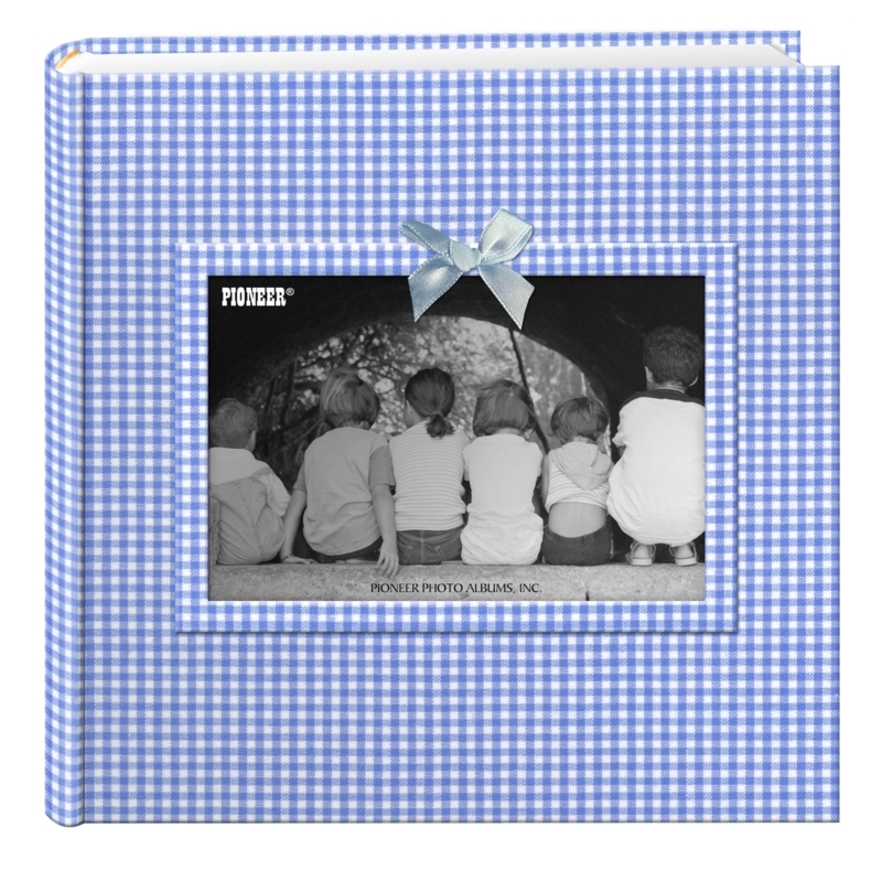 Photo Album Light Blue Gingham Fabric Cover Satin Ribbon Bow Detail