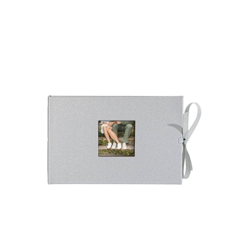 Photo Album Silver Linen Fabric Ribbon Tie Closure Elegant Wedding