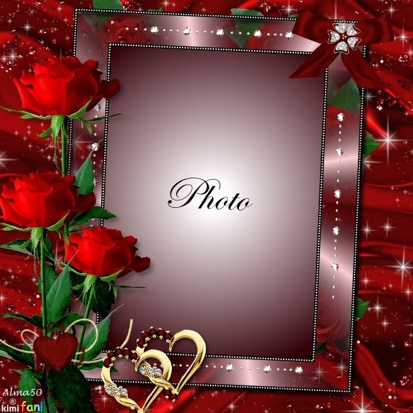 Picture Frame Gold Hearts Deep Roses Jeweled Bow Romantic Red Rose