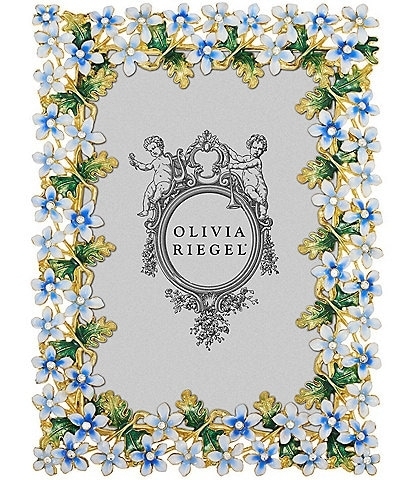 Picture Frame Ornate Blue Enamel Floral Border Crystal Centers Gold