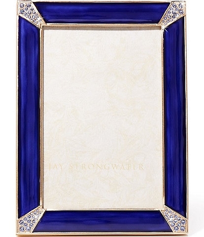 Picture Frame Royal Blue Enamel Crystal Corner Accents Gold Trim glam