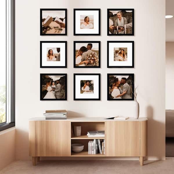 Picture Frame Set Black Thin Frames 3x3 Grid Matted Minimalist