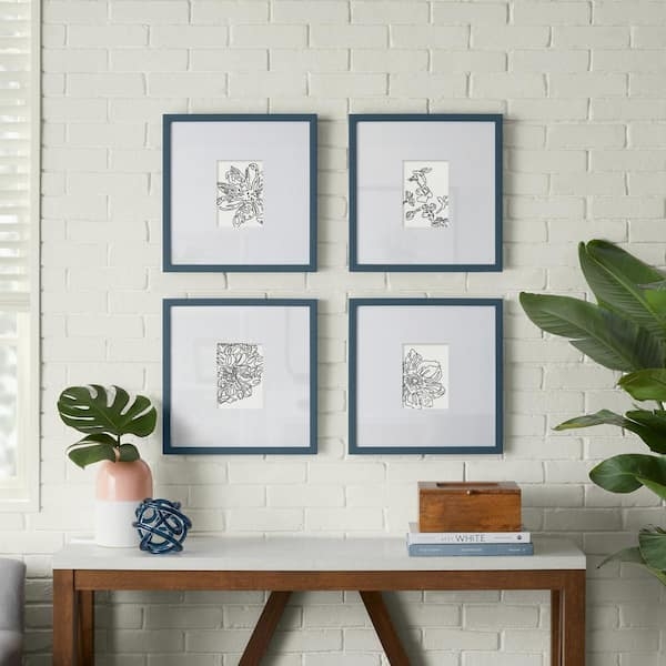 Picture Frame Set Navy Blue Square Set of 4 White Mat Grid Layout Gallery