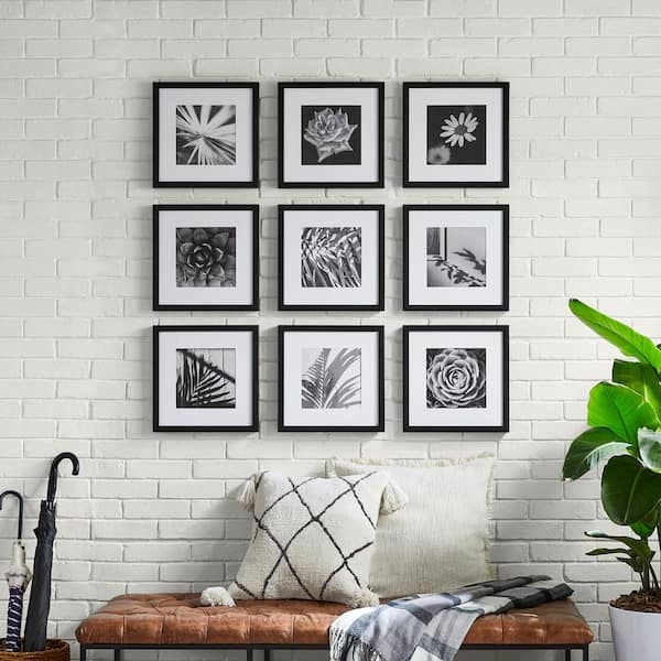 Picture Frame Set Nine Piece 3x3 Grid Layout Minimalist Black Matted