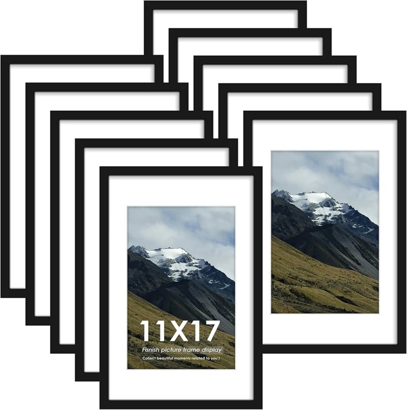 Picture Frame Set of 10 Matte Black with White Mats for Gallery Walls.