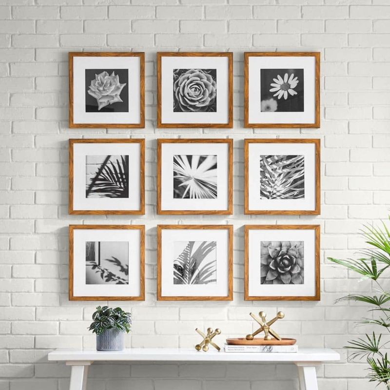 Picture Frame Set Walnut Square Grid Layout Botanical Art White Matted