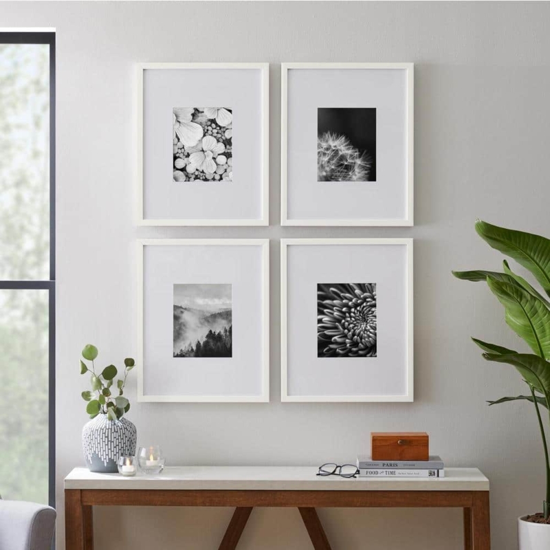 Picture Frame Set Wide White Mats, Grid Arrangement Botanical Art