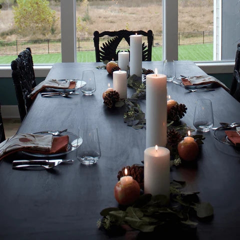 Pillar Candle Centerpiece Staggered Heights Moody Dining Table