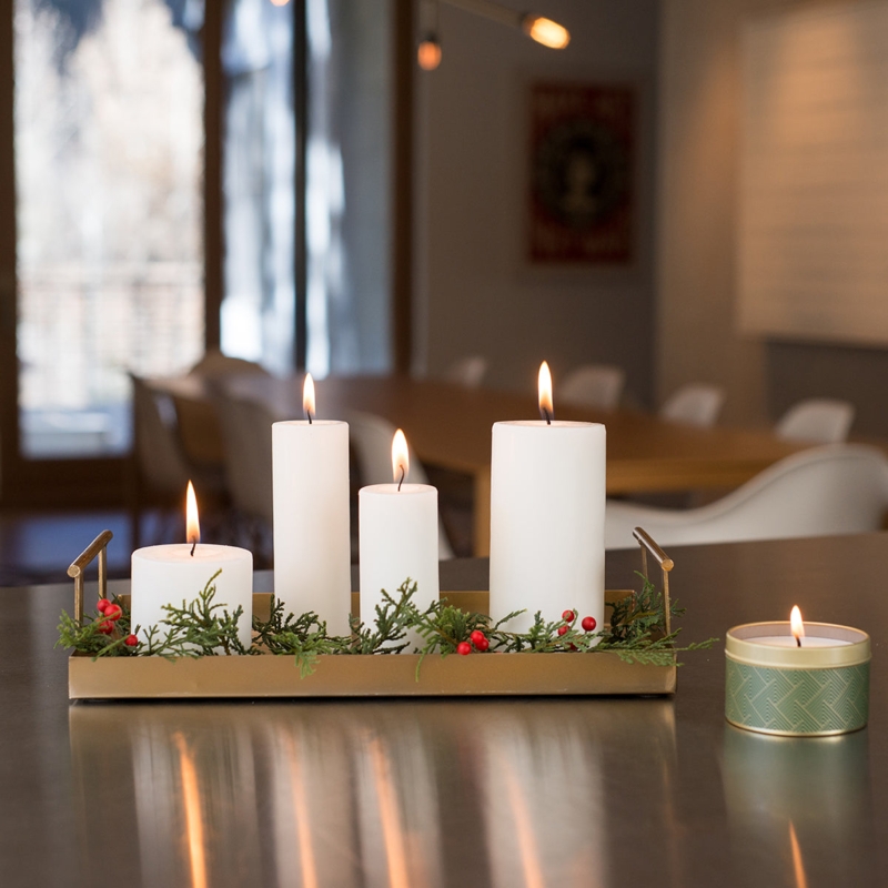 Pillar Candle Centerpiece with Gold Tray and Festive Greenery Accent