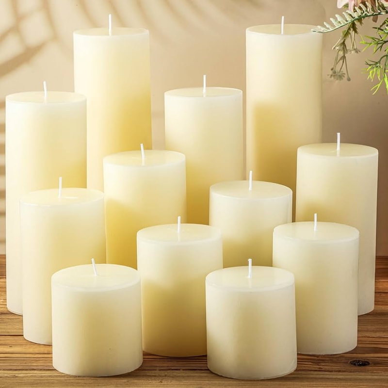 Pillar Candle Display: Staggered Smooth Ivory Wax with Cotton Wicks